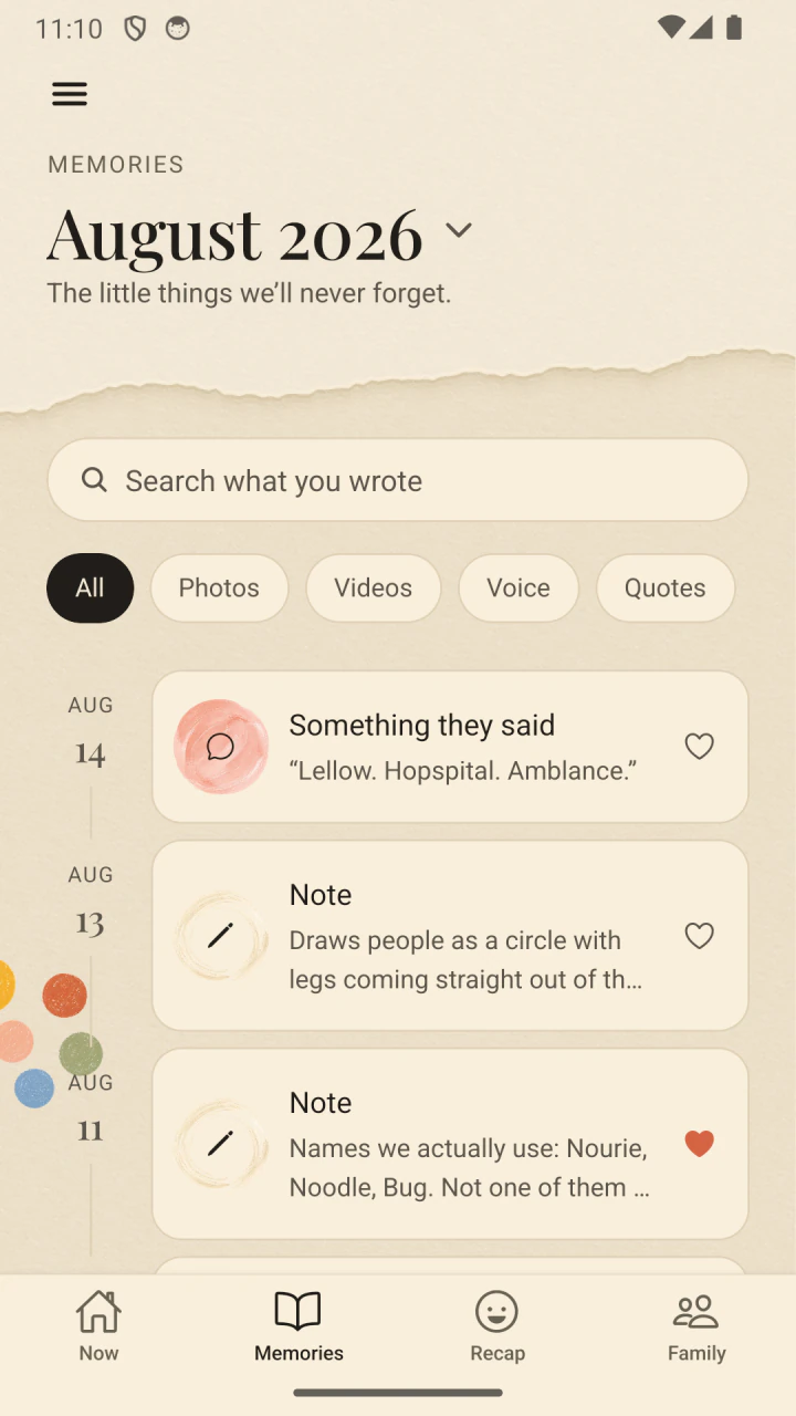 The searchable Little Now memories timeline